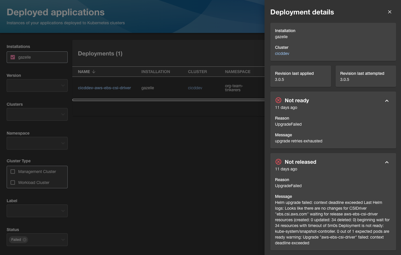 App deployments details panel