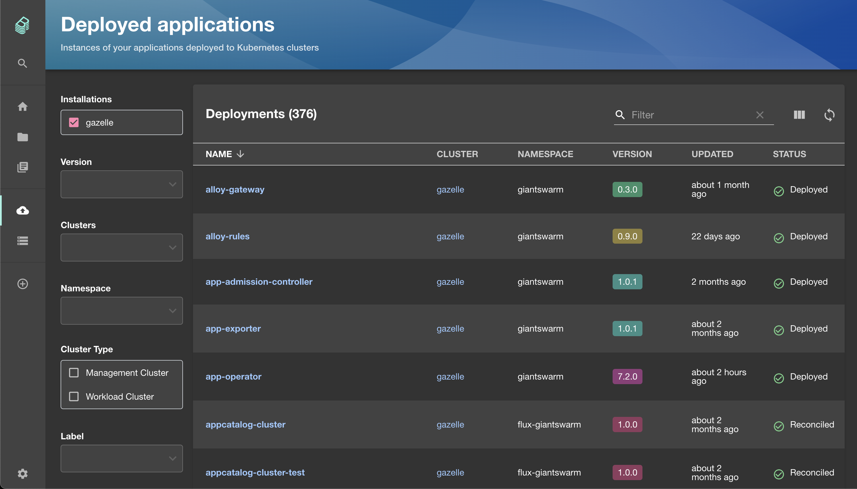 App deployments list view